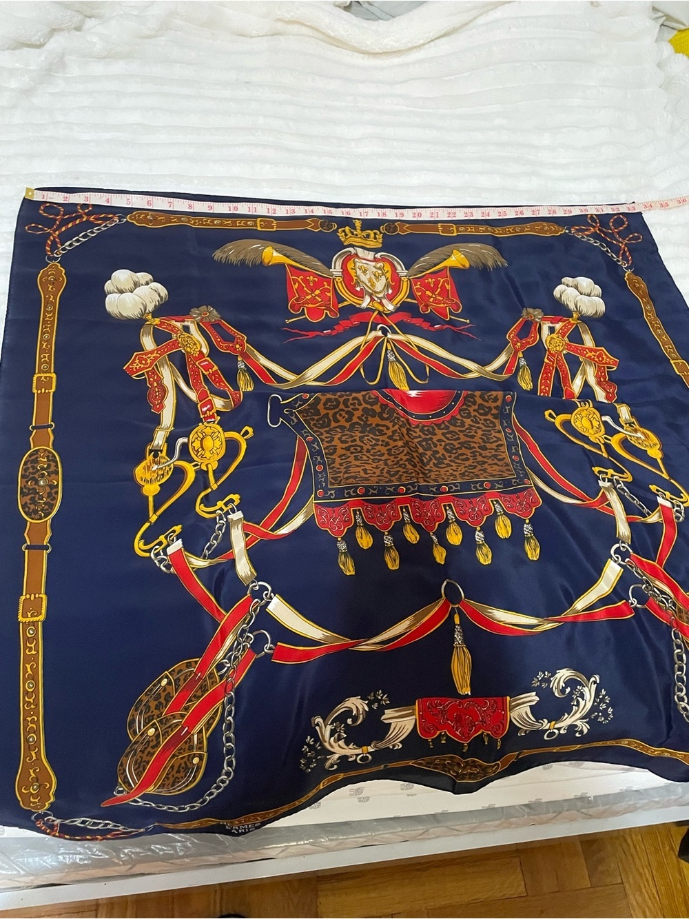Hermès Navy Silk Scarf with Gold and Orange Harness Motif - Picture 13 of 16